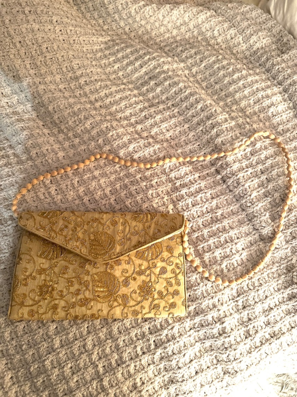 Gold Embroidered Indian Evening Clutch Purse Beaded Strap Wedding Bag